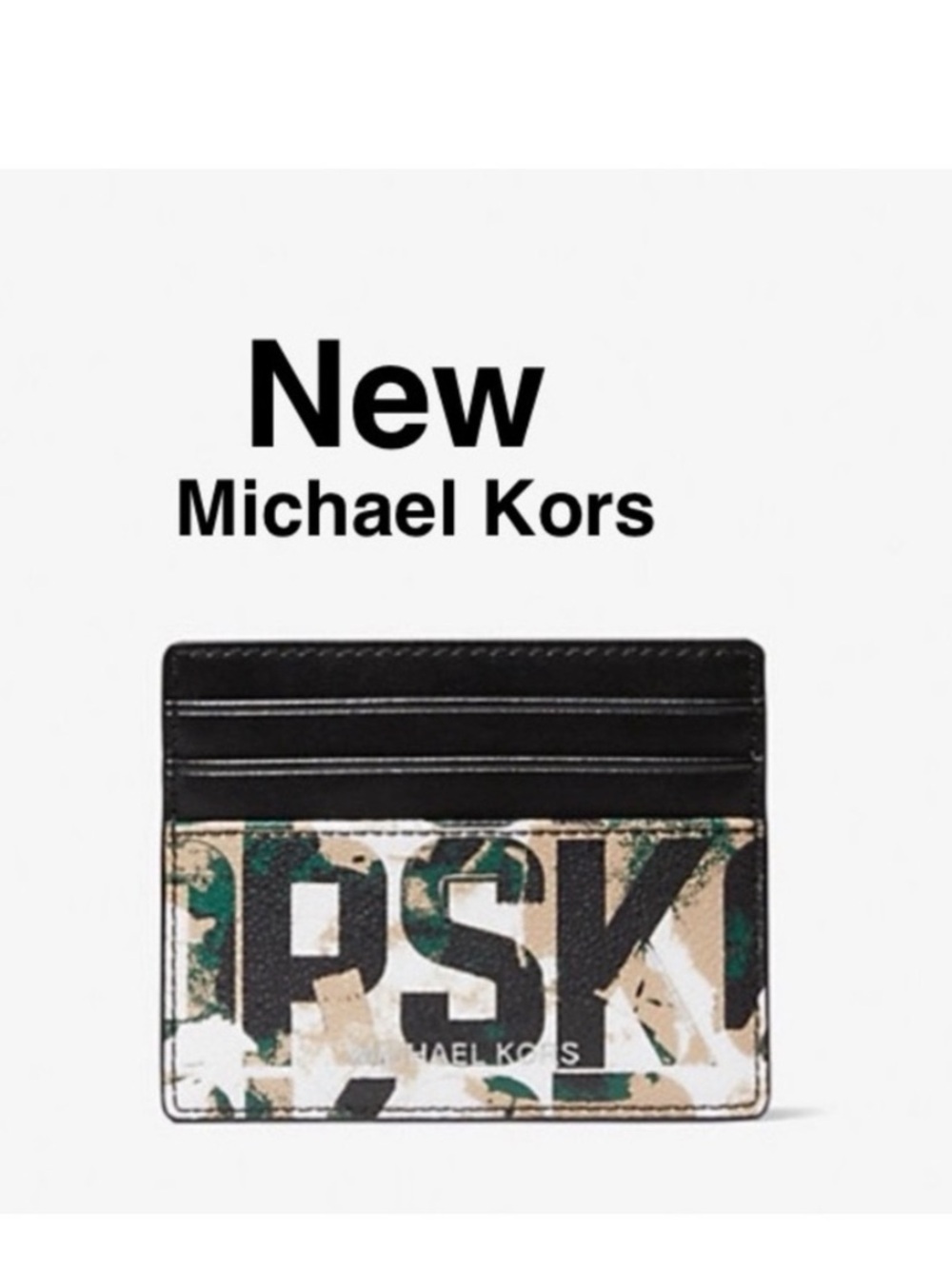 New MICHAEL KORS  Cooper Graphic Logo Tall Card Case bright white /green stags⭐️